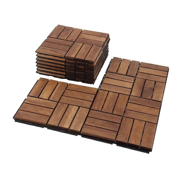 Huluwat 12 in. x 12 in. Square Solid Wood Checker Pattern Patio Deck Tiles, Brown (10-Pieces)