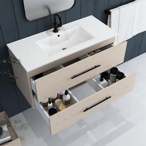 Napa 36 W x 18 D x 21 H Single Sink Bath Vanity Wall Mounted in Natural Oak with White Ceramic Integrated Countertop