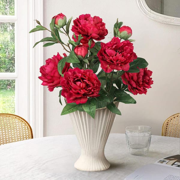 LIVING LUXURY 22 in. Deluxe Red Artificial Peony Plant Flower Stem