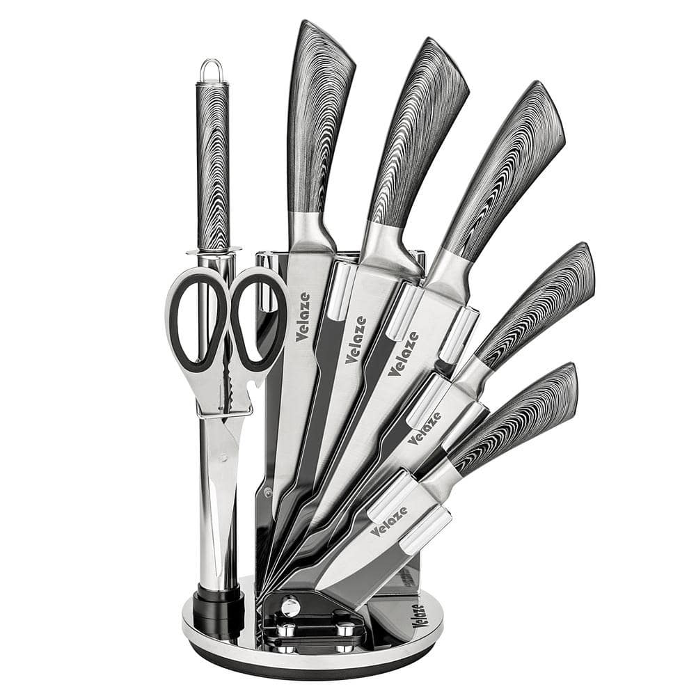 Velaze 8-Piece Silver Acrylic Handle Stainless Steel Knife Set with Knife  Block VLZ-KN-005 - The Home Depot
