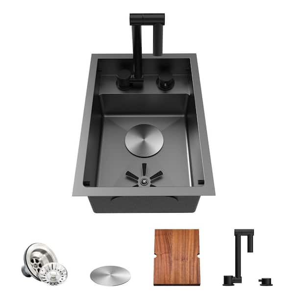 Black Stainless Steel 12 in. Single Bowl Bar Sink with 360 Rotating Faucet, Cutting Board Undermount for Kitchen Bar RV