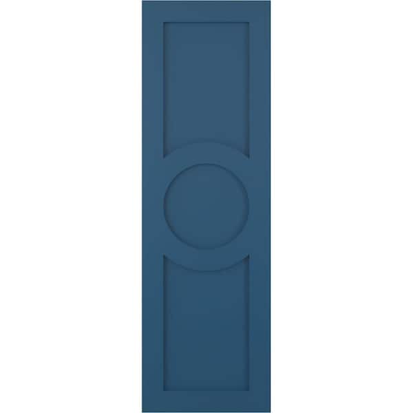 Ekena Millwork True Fit 12 in. x 38 in. PVC Center Circle Arts and Crafts Fixed Mount Flat Panel Shutters Pair in Sojourn Blue