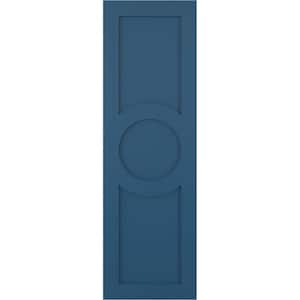 True Fit 12 in. x 45 in. PVC Center Circle Arts and Crafts Fixed Mount Flat Panel Shutters Pair in Sojourn Blue