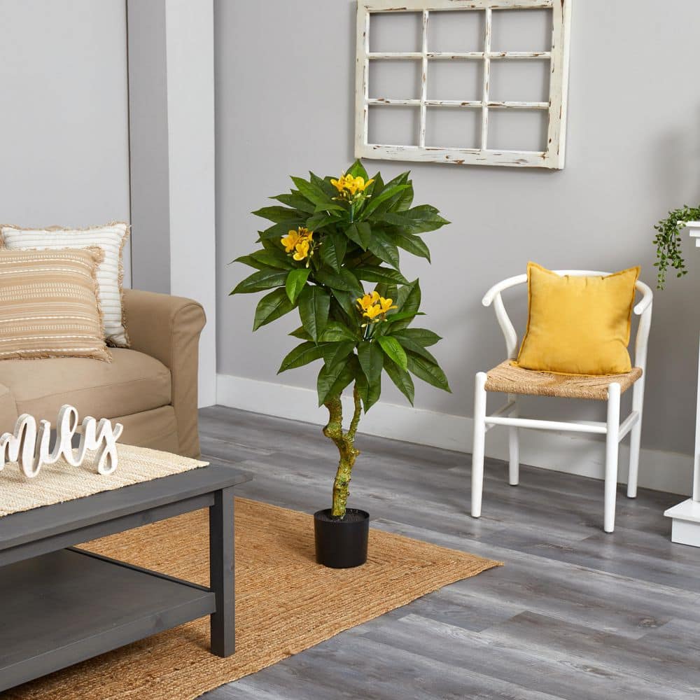 4ft Green and Yellow UV Resistant Plumeria Artificial Tree in Black Planter