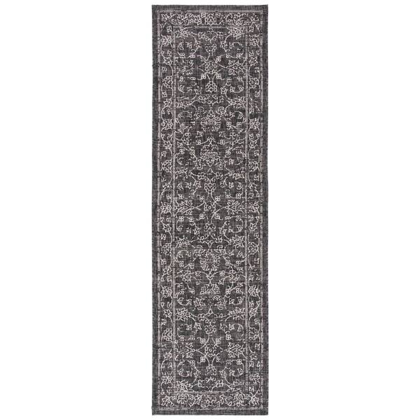 Courtyard Black/Ivory 2 ft. x 14 ft. Border Floral Scroll Indoor/Outdoor Runner Rug