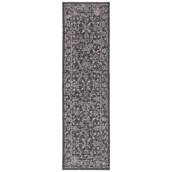 Courtyard Black/Ivory 2 ft. x 18 ft. Border Floral Scroll Indoor/Outdoor Runner Rug