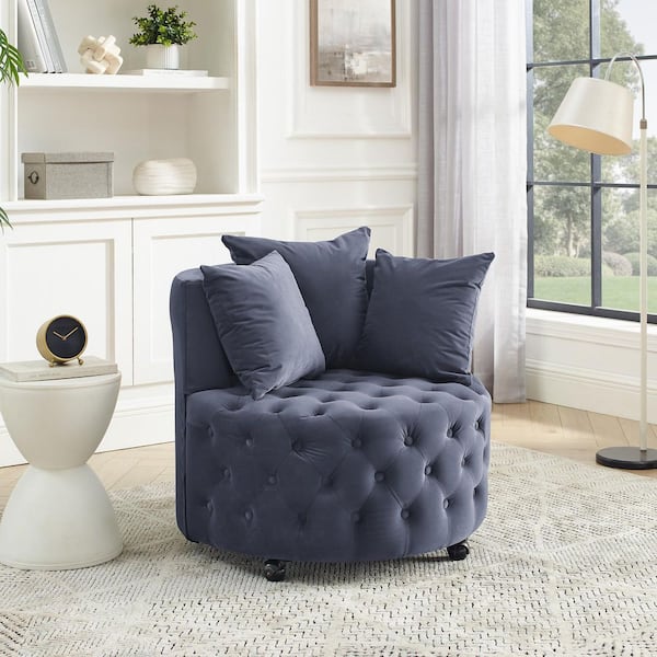 Noble House Axel Grey Modern Upholstered Velvet Swivel Accent Chair with Button Tufting, Wheels, Pillows