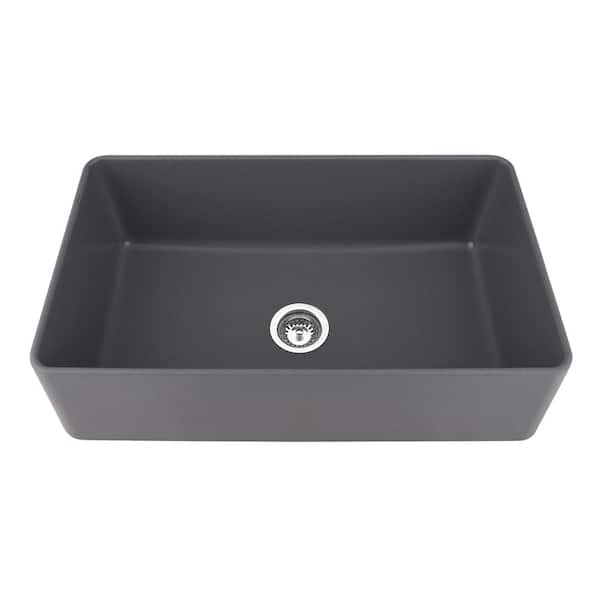 JimsMaison Gray Quartz 33 in. Single Bowl Farmhouse Apron Kitchen Sink With Basket Strainer