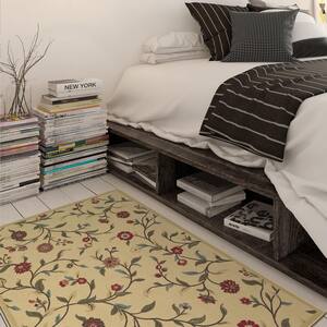 Basics Collection Non-Slip Rubberback Floral Leaves 5x7 Indoor Area Rug, 5 ft. x 6 ft. 6 in., Beige