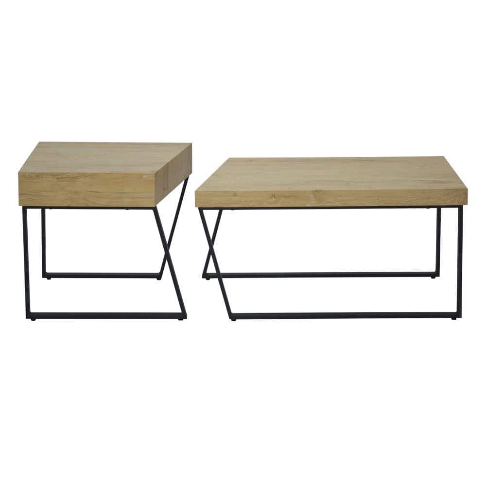 Oak Brown Rectangular Coffee Table with Black Metal Frame and Storage