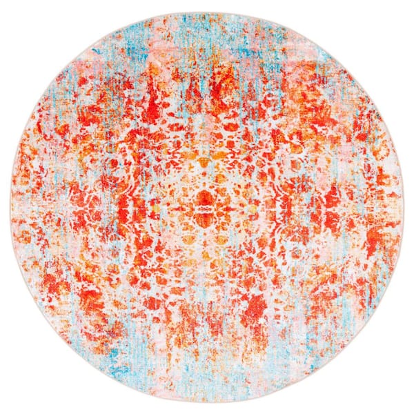SAFAVIEH Bahia Light Blue/Red 7 ft. x 7 ft. Machine Washable Floral Distressed Round Area Rug
