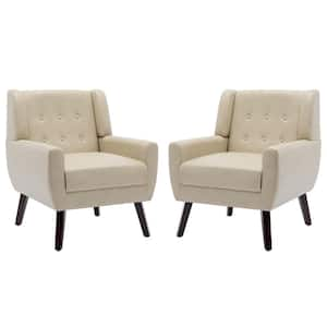 Mid-Century Modern Button Cream PU Leather Accent Arm Chair (set of 2)