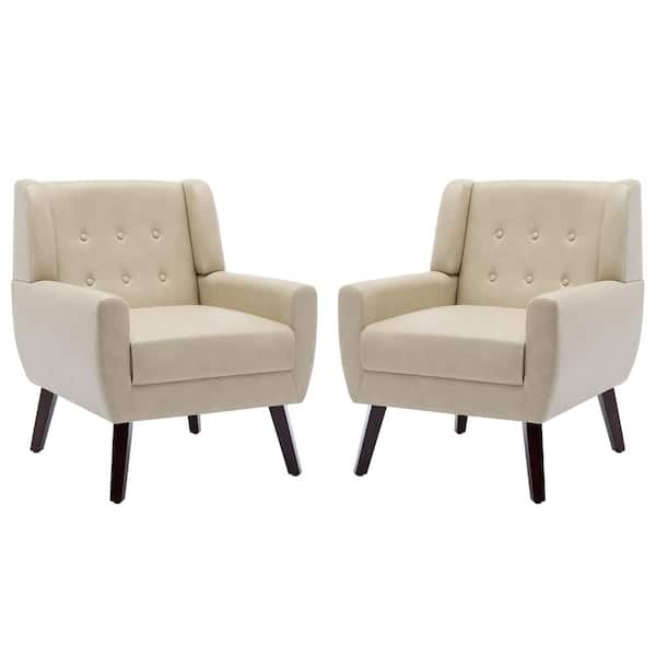 Uixe Mid-Century Modern Button Cream PU Leather Accent Arm Chair (set of 2)