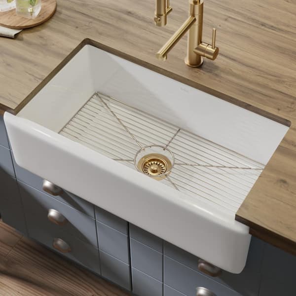 KRAUS Turino Reversible Farmhouse Apron Front Fireclay 33 in. Single Bowl Kitchen Sink with Bottom Grid in Gloss White