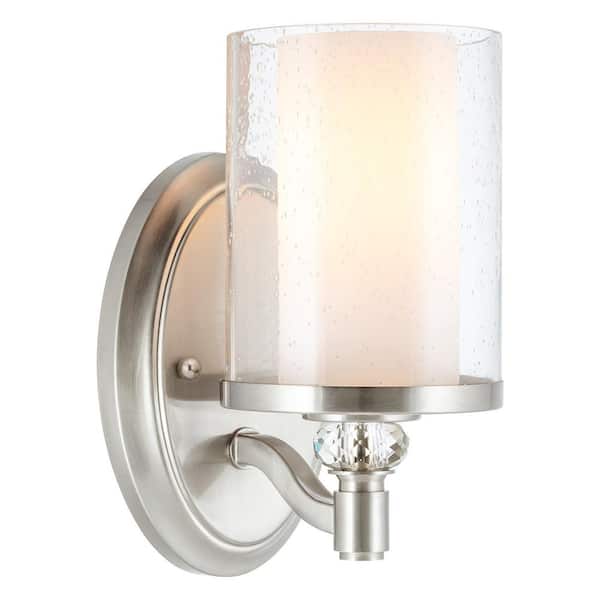 Kira Home Victoria 60-Watt 1-Light Brushed Nickel Transitional Bathroom Light/Wall Sconce with Frosted/Clear Seeded Shade