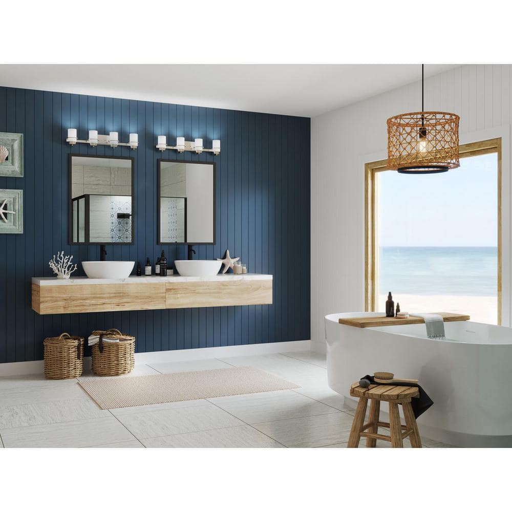 Reiss Brushed Nickel 4-Light Vanity with White Glass Shades