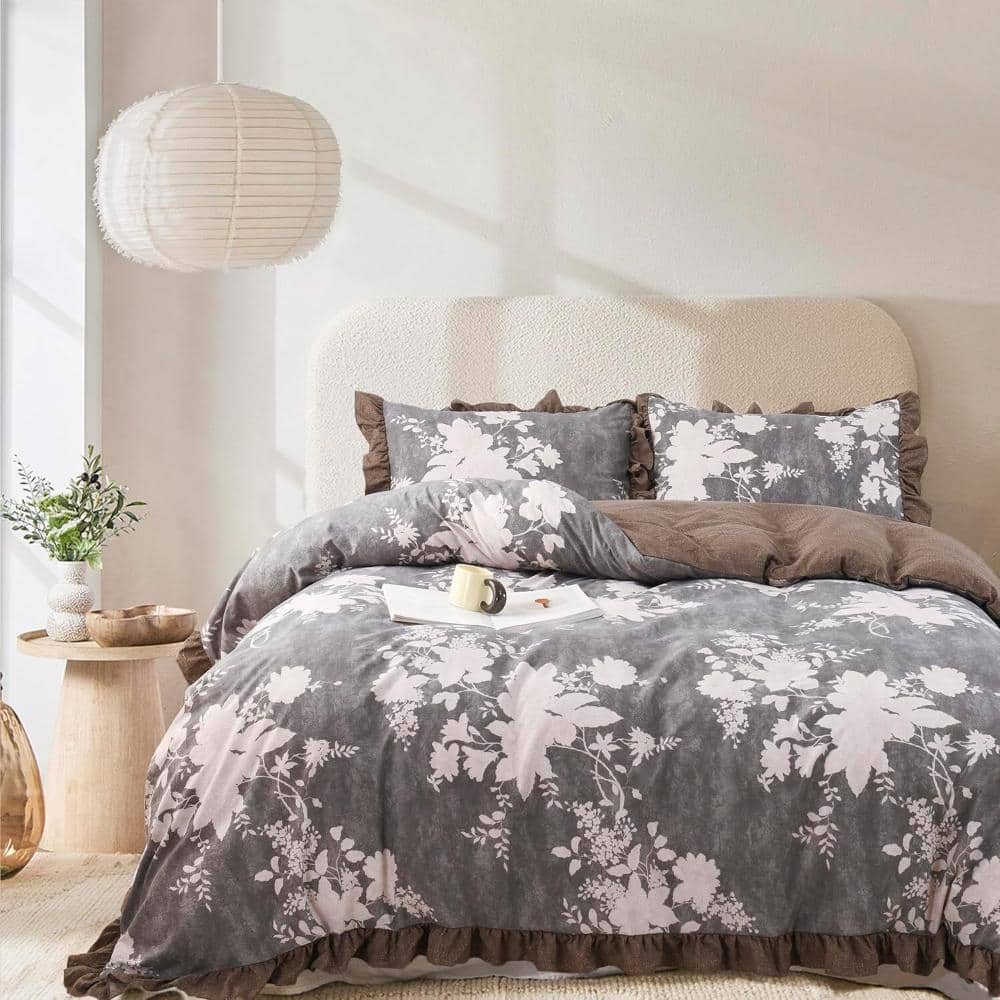 3-Piece Polyester Fiber Flounce Ruffled Floral Comforter Set Queen Size-Gray price history on PriceWatchPro