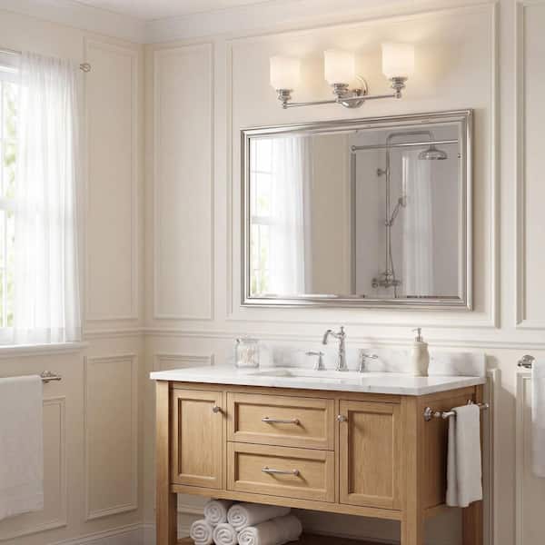Melrose 24 in. W x 7.75 in. H 3-Light Polished Chrome Bathroom Vanity Light with White Glass Shades