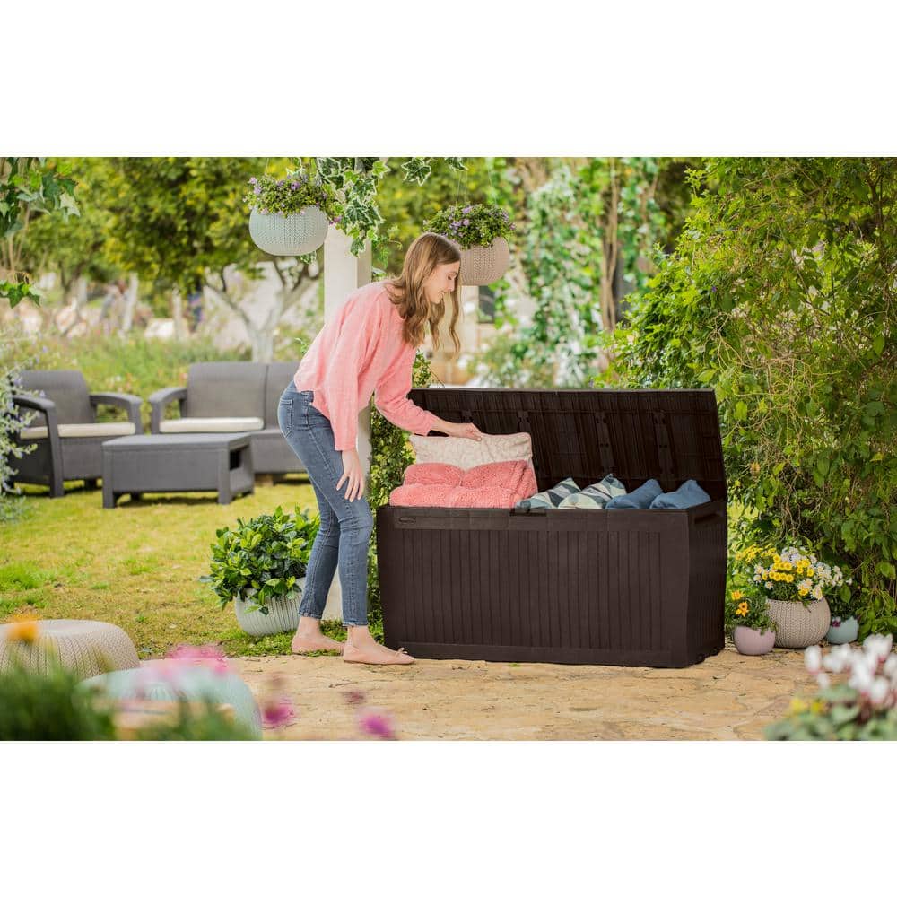 Espresso Brown Lockable Plastic Wicker Deck Box with Wheels