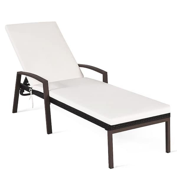 Costway Brown Rattan Wicker Patio Outdoor Lounge Chair Recliner Back Adjustable with White Cushions