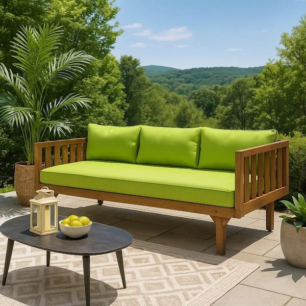 Clara Brown Outdoor Twin Daybed with Wood Slat Back and Green Fabric Upholstery