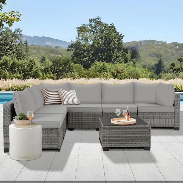 MIRAFIT 7-Piece Wicker Outdoor Patio Sectional Conversation Seating Set with Gray Cushions