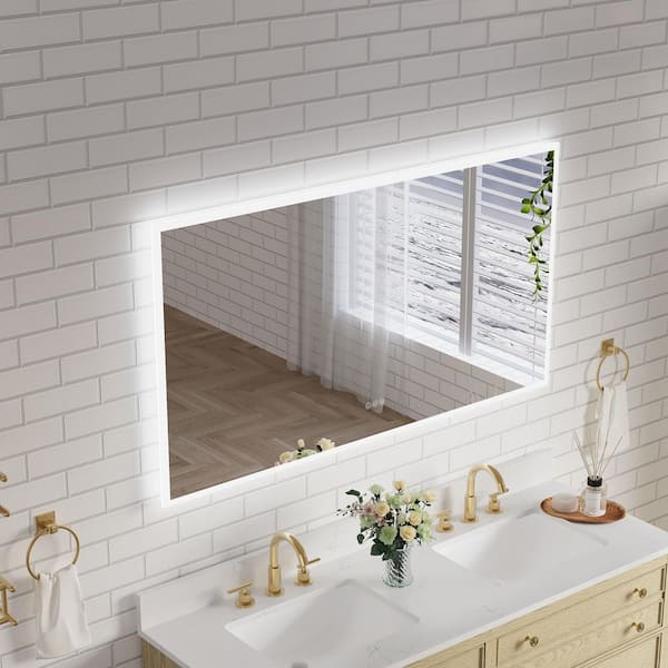 55 in. W x 30 in. H Rectangular Frameless Anti-Fog LED Light Wall Bathroom Vanity Mirror Frontlit and Backlit