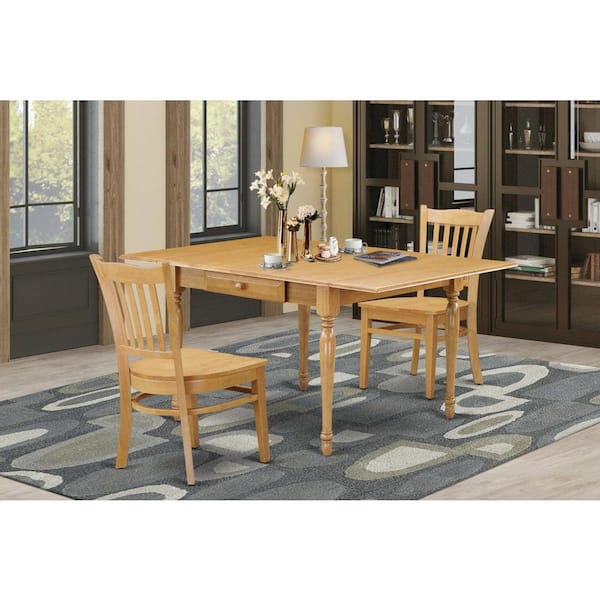 East West Furniture 3-Piece Natural Brown Oak Finish Solid Wood Top With Dropleaf Dining Table Set