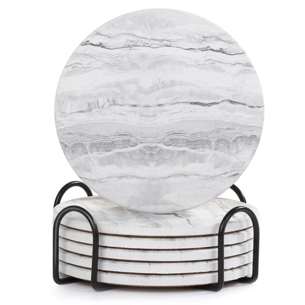 Gray Drink Coasters Set of 6 with Metal Holder Marble Ceramic Super Absorbent Non-Slip Cork Back for Home Office