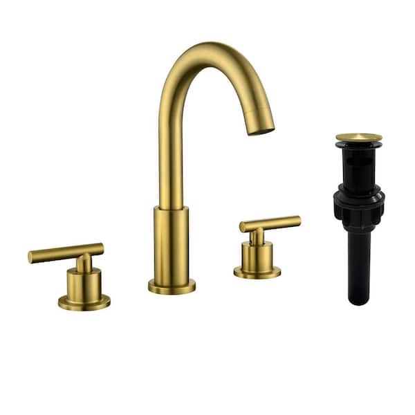 Miscool Ana 8 in. Widespread 2-Handle High-Arc Bathroom Faucet with Drain Kit Included in Brushed Gold