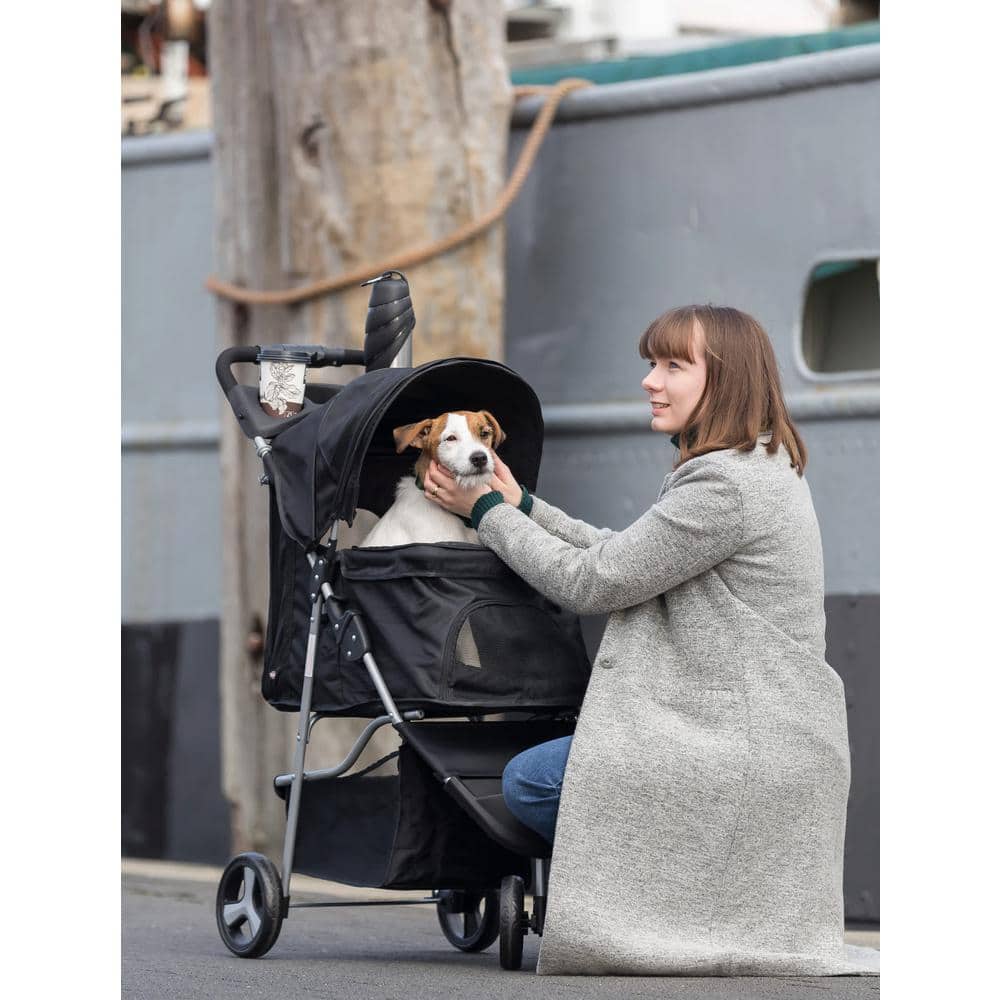 Black Foldable Pet Stroller with Weather Cover and Storage