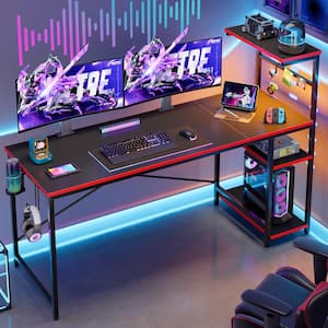61 in. Rectangular Black Carbon Fiber Gaming Desk with RGB LED Lights Computer Desk with 4 Tier Storage Shelves and Hook