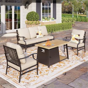 Black Metal Meshed 5 Seat 4-Piece Steel Outdoor Fire Pit Patio Set With Beige Cushions, Metal Rectangular Fire Pit Table