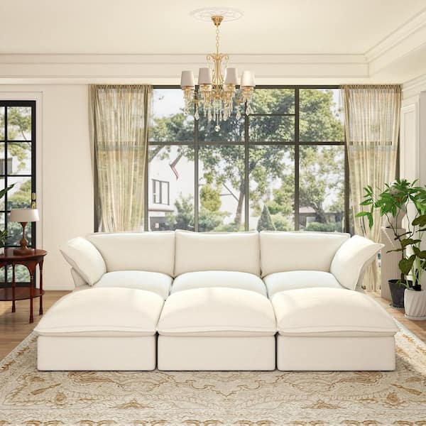 Magic Home 123 in. Flared Arm Oversized Down Filled Linen L-Shaped Modular Cloud Sofa in. White for Home Office