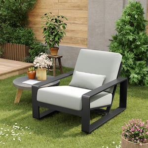 Aureth Black Aluminum Outdoor Patio Lounge Chair with Light Grey Cushions and Lumbar Pillow