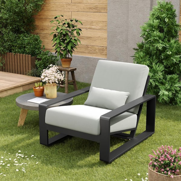 CHRISTOPHER KNIGHT HOME Aureth Black Aluminum Outdoor Patio Lounge Chair with Light Grey Cushions and Lumbar Pillow