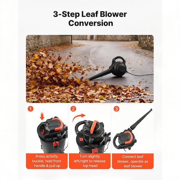 Portable 3-in-1 Wet Dry Vacuum Cleaner 11 Gal. 4.5 Peak HP with Blower Dual Filter 1350-Watt Power