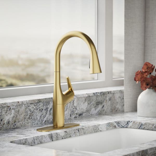 Safia 1-Handle Pull Down Sprayer Kitchen Faucet with Integrated Soap Dispenser in Vibrant Brushed Moderne Brass