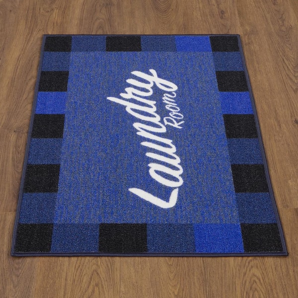 Ottomanson Laundry Non-Slip Rubberback Checkered Border 2x3 Laundry Room Area Rug/Entryway Mat, 26 inch x 35 inch, Blue