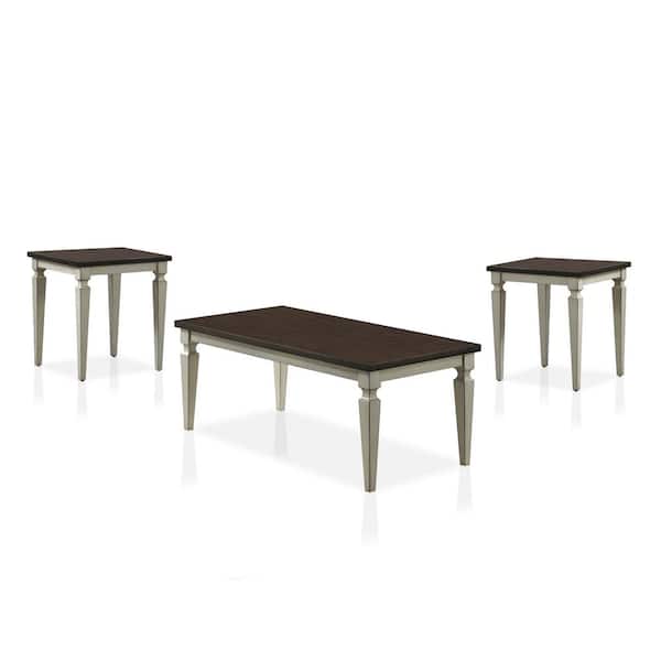 Furniture of America Tayson 3-Piece Antique White and Brown Wood Coffee Table Set