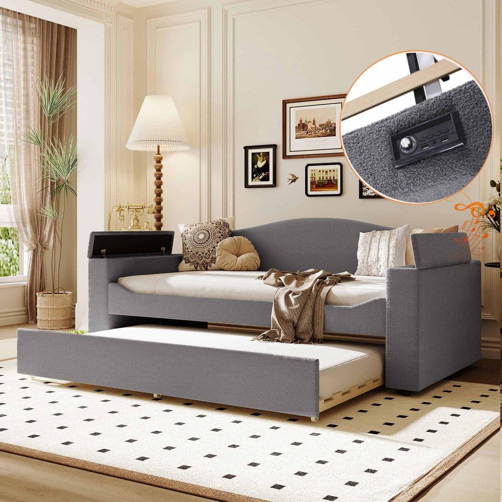 Gray Twin Size Daybed with Storage Armrests, Trundle and Bluetooth Audio System, Teddy Fleece