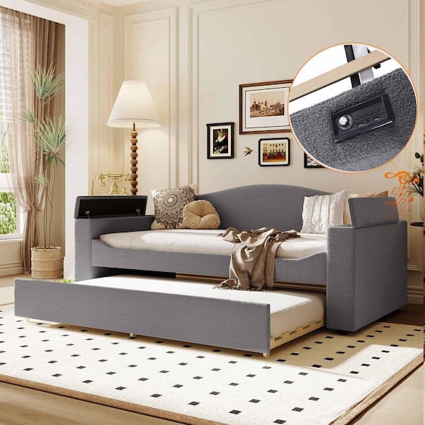 Gray Twin Size Daybed with Storage Armrests, Trundle and Bluetooth Audio System, Teddy Fleece
