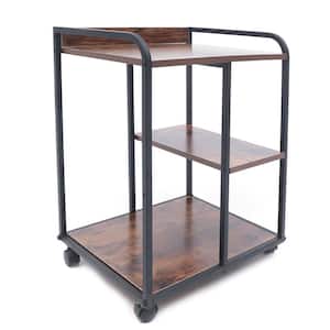 3-Shelf Iron Frame Wood 4-Wheeled Under Desk Printer Stand Cart in Walnut Color