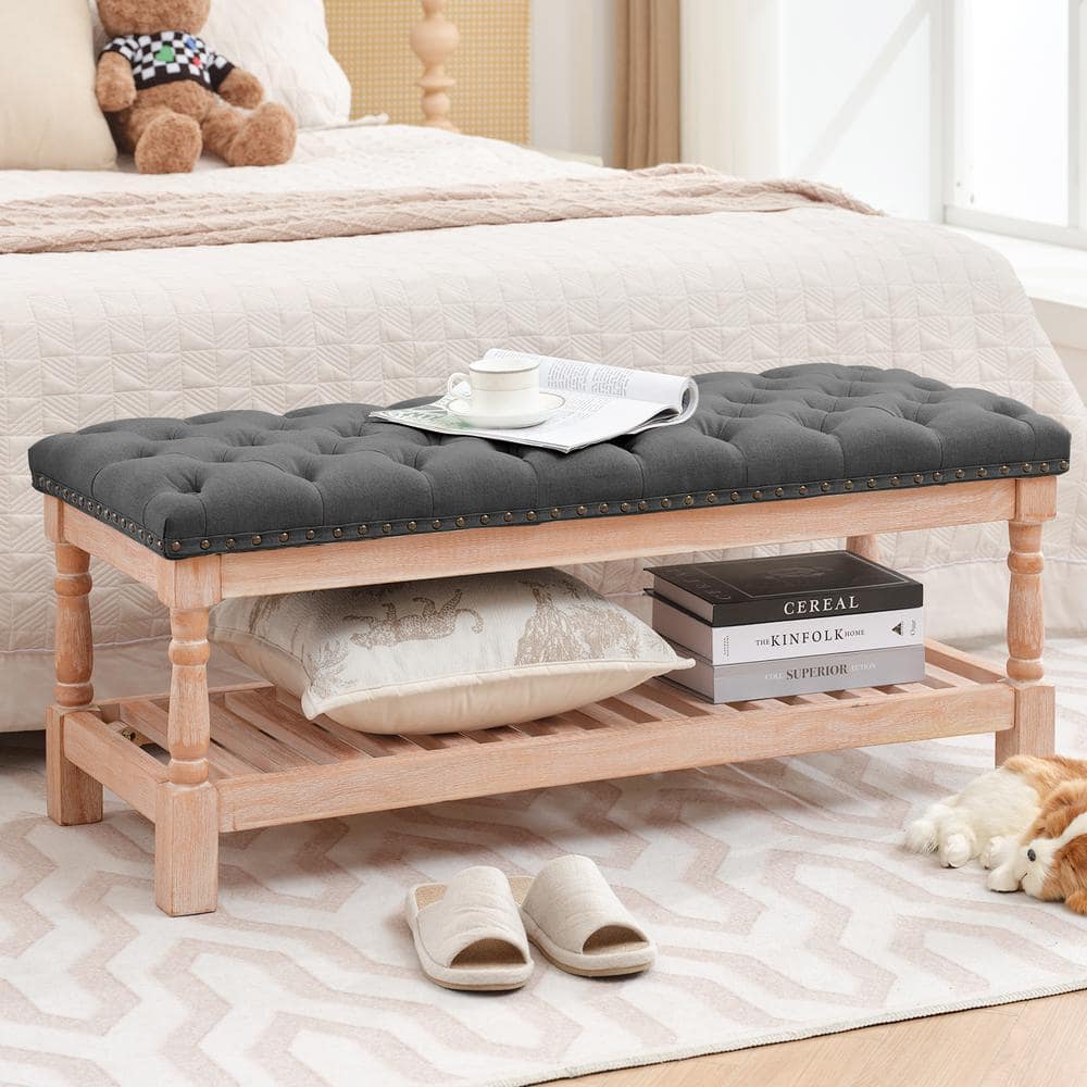 Carbon Ash Linen Upholstered Storage Nailhead Trim Bedroom Bench with Solid Wood Legs price history on PriceWatchPro