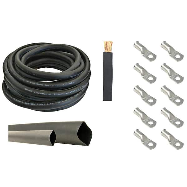 WindyNation 2/0-Gauge 25 ft. Black Welding Cable Kit Includes 10-Pieces of Cable Lugs and 3 ft. Heat Shrink Tubing