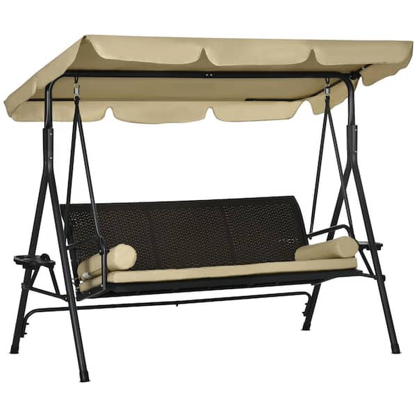 Unbranded 3-Person Metal Patio Swing Chair, Outdoor Canopy Swing Glider with Tan Cushions, Pillows, Adjustable Shade, Rattan Seat