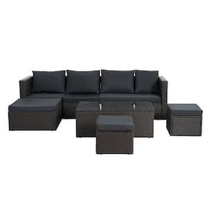 7-Piece Wicker Outdoor Patio Conversation Set with Dark Gray Cushions and Tempered Glass Table