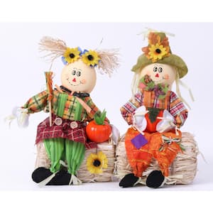 13 in. Boy and Girl Duo Scarecrow Seated on a Rustic Hay Bales - Enjoy the Magic they Bring and Let your Garden Blossom