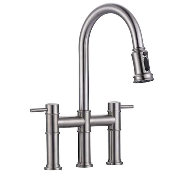 VEVETTA Double Handle Pull-Down High Arc Bridge Kitchen Faucet with Stainless Steel in Brushed Nickel﻿