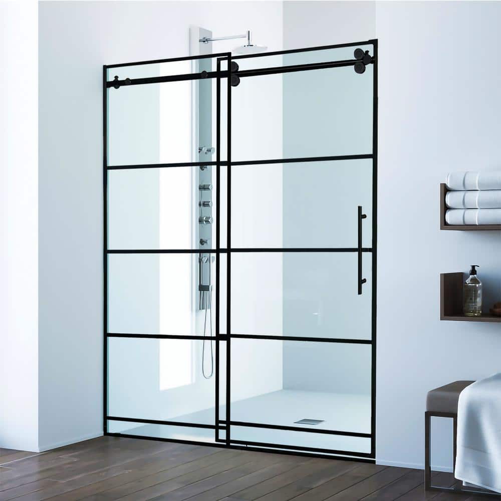 60" Matte Black Framed Sliding Shower Door with Stainless Steel Handle